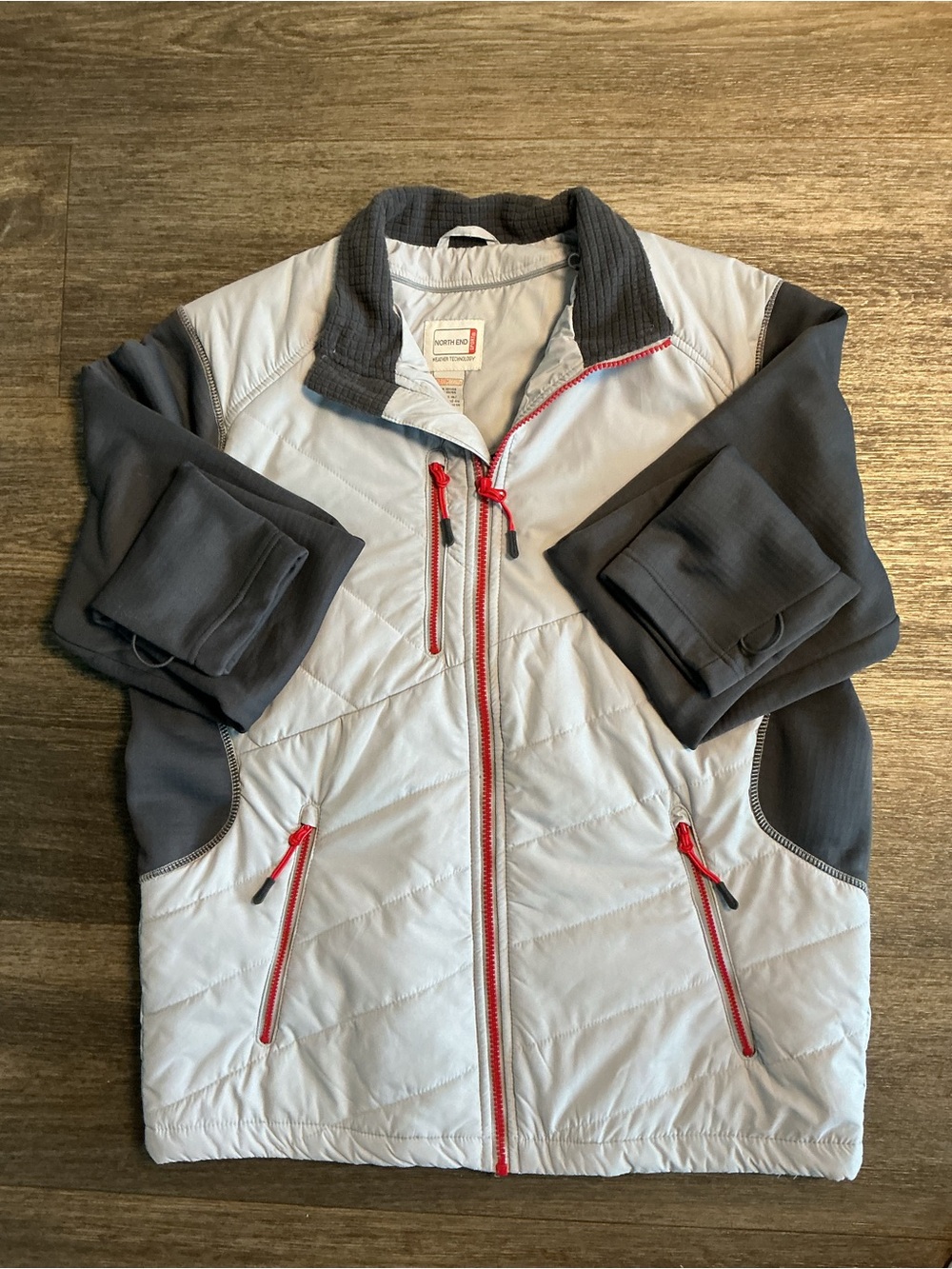 Light Gray and Charcoal Quilted Jacket with Red Accents